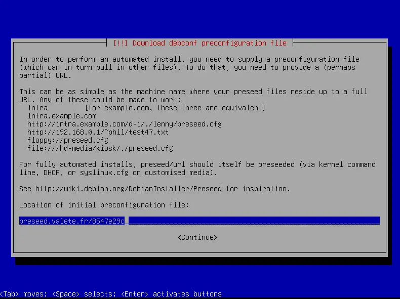 Debian installer preseed URL input screen screenshot